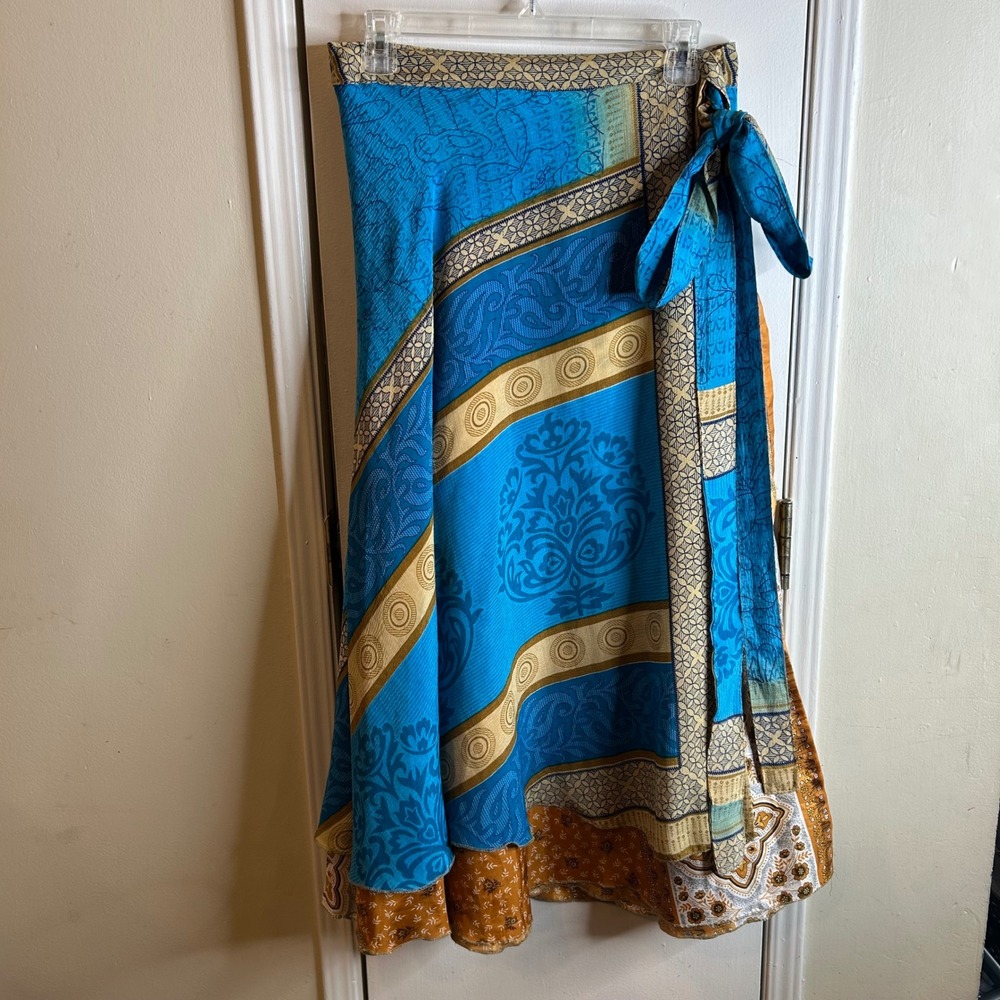 Darn Good Yarn Silk Wrap Skirt Reversible Ankle Length Blue Gold XL 14-20 Boho